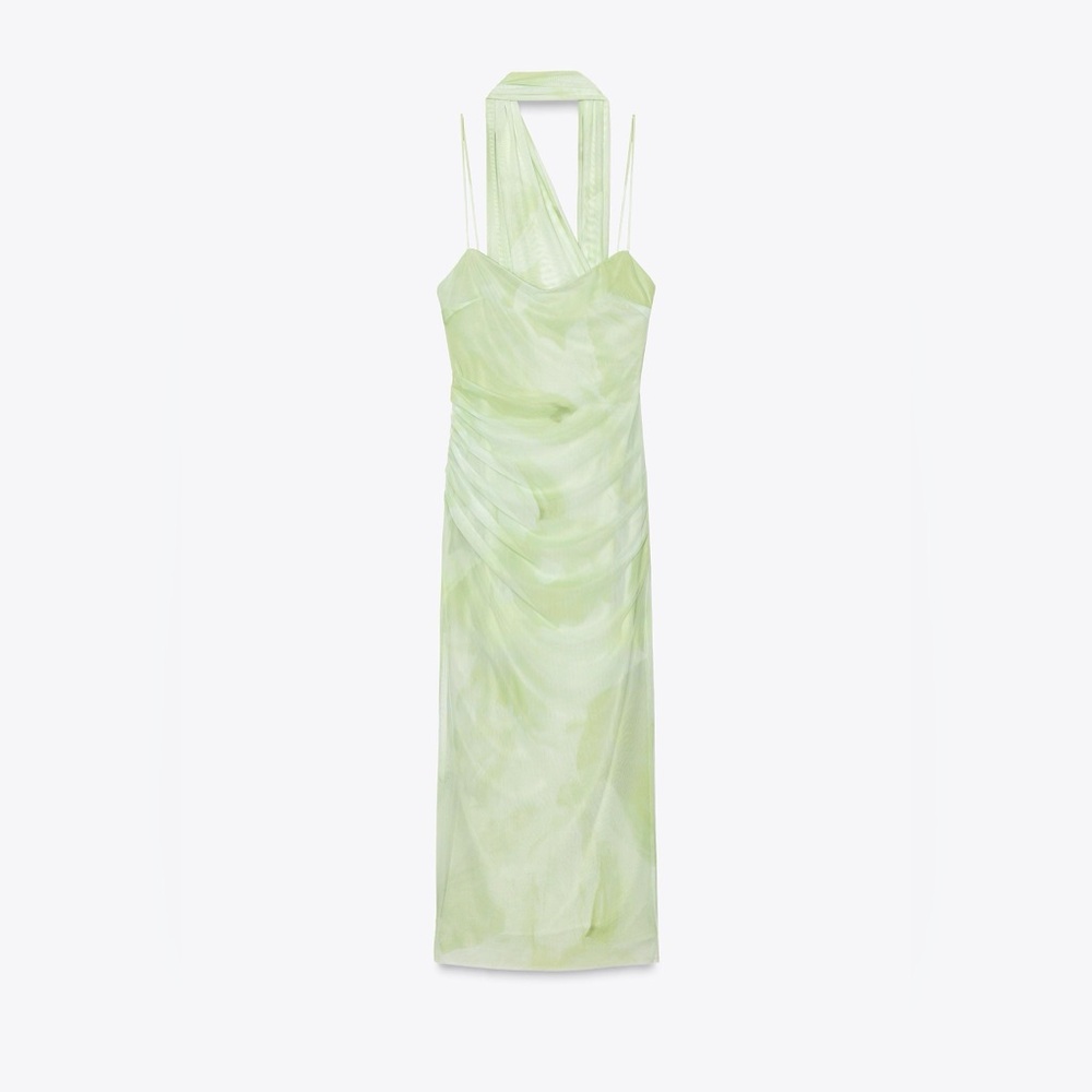 Zara Green Tulle Midi Dress With Scarf